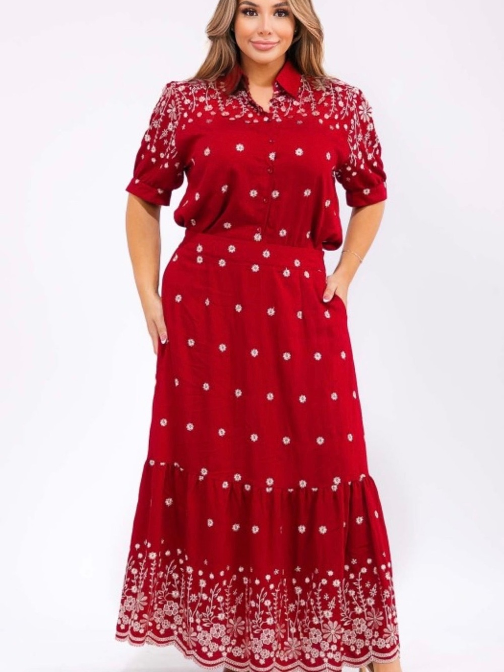 Selene Burgundy Embroidered Plus Size Skirt & Blouse Set